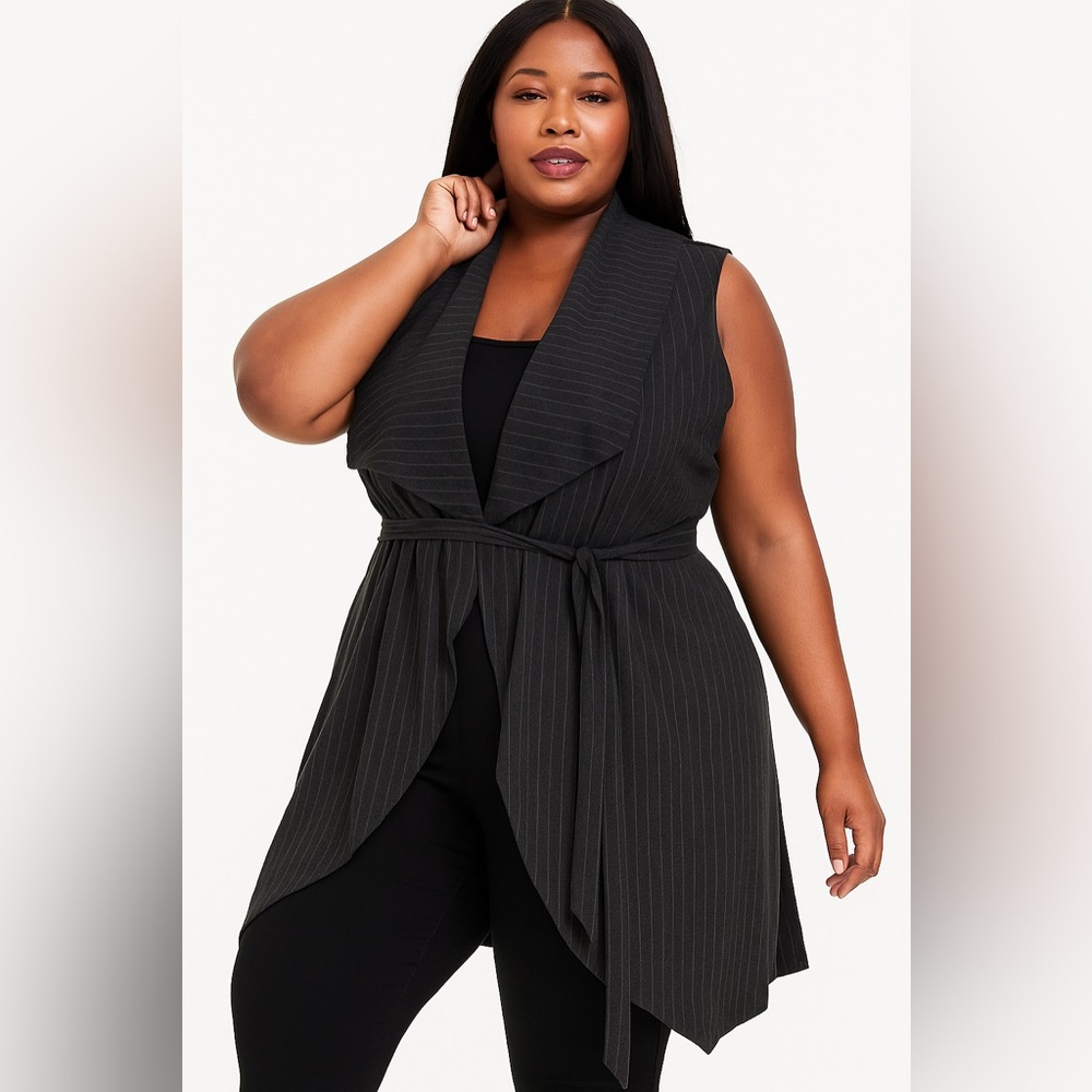 Blu Pepper Perch Black Striped Sleeveless Maxi Cardigan Long Vest 3X Business